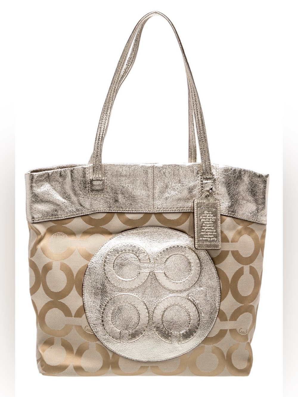 Coach 15013 Julia Op Art Signature Khaki Gold Leather Shoulder Bag Tote New